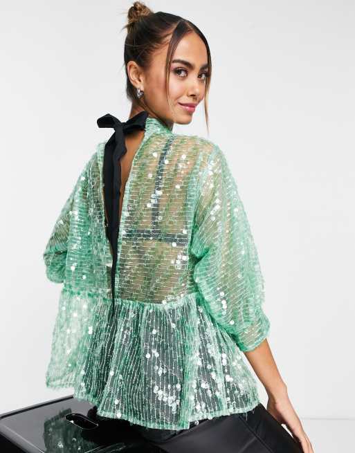 ASOS DESIGN - Top peplo accollato verde con paillettes, 2 di 4
