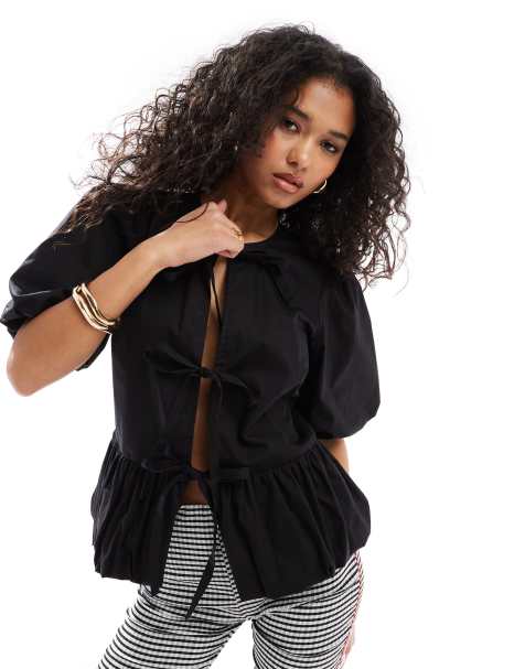 ASOS DESIGN - Top peplo in cotone nero con maniche a sbuffo - view 1