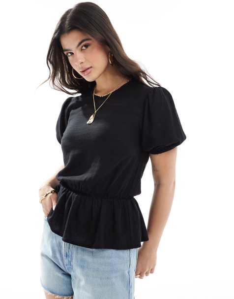 ASOS DESIGN - Top peplo in misto lino nero con maniche a sbuffo - view 1