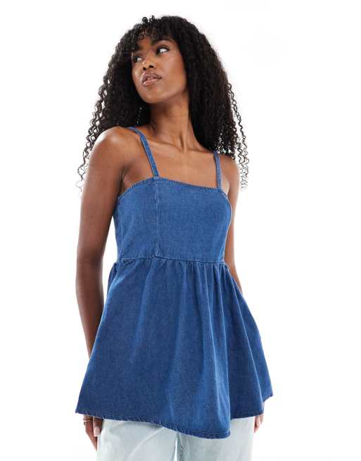 ASOS DESIGN - Top peplo taglio lungo in denim blu medio