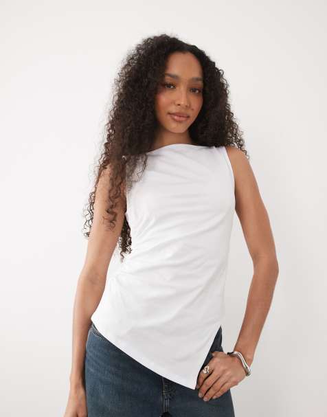 ASOS DESIGN - Top pesante asimmetrico taglio lungo con scollo a barchetta bianco - view 1