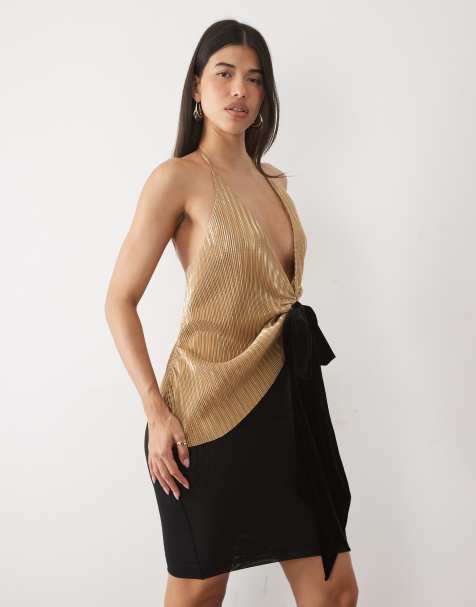 ASOS DESIGN top plissé à col halter avec nœud en velours doré - view 1