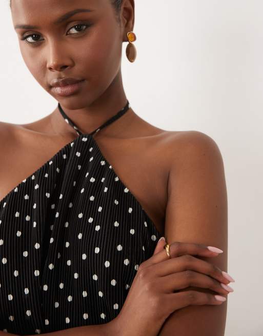 ASOS DESIGN - Top plissé allacciato al collo a pois, 3 di 4