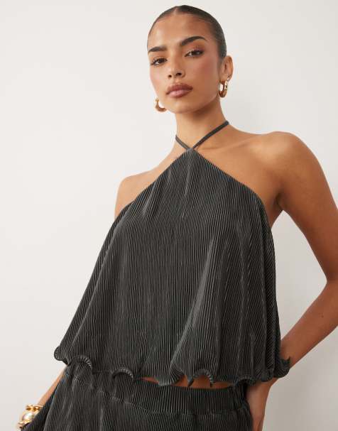 ASOS DESIGN - Top plissé allacciato al collo color antracite - view 1