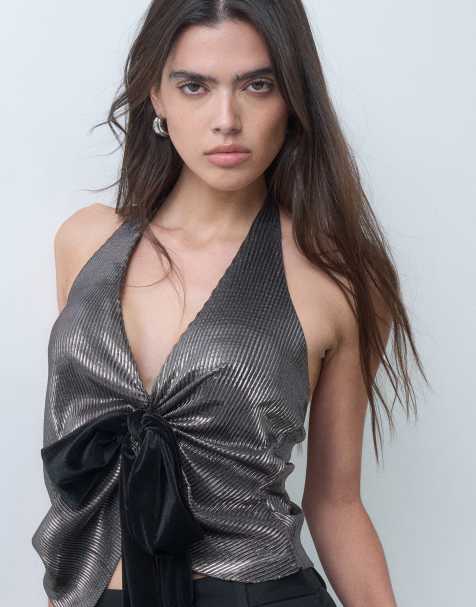 ASOS DESIGN top plissé all'americana con fiocco in velluto nero - view 1