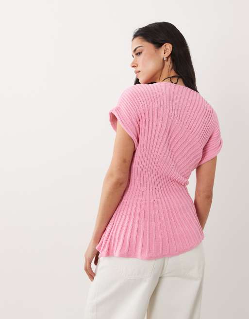 ASOS DESIGN - Top plissé en maille avec taille cintrée - Rose, 4 de 4