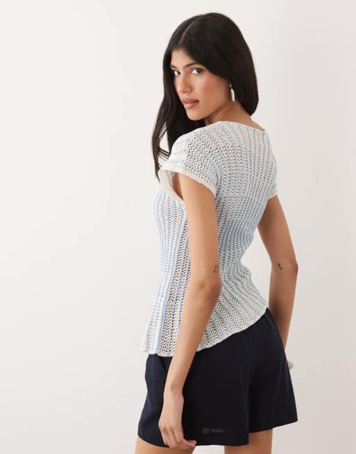 ASOS DESIGN - Top plissé en maille crochetée rayée - Bleu, 4 de 4
