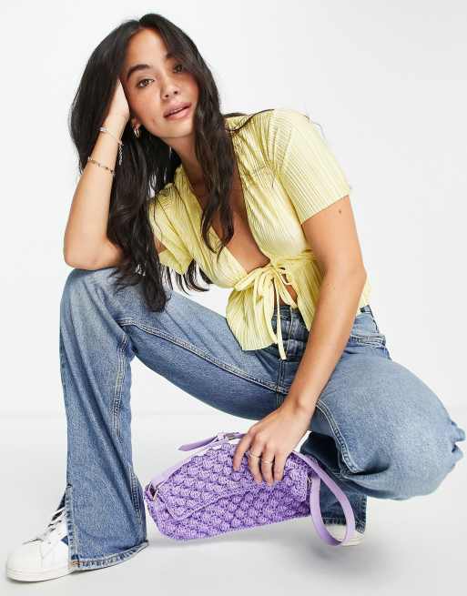 ASOS DESIGN - Top plissé manches courtes avec doubles liens - Jaune