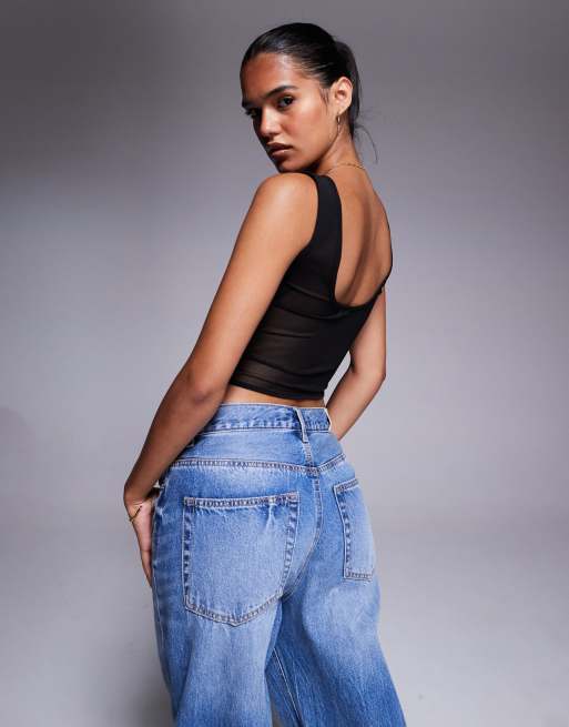 ASOS DESIGN - Top premium a corsetto in rete a doppio strato nero con scollo quadrato, 4 di 4
