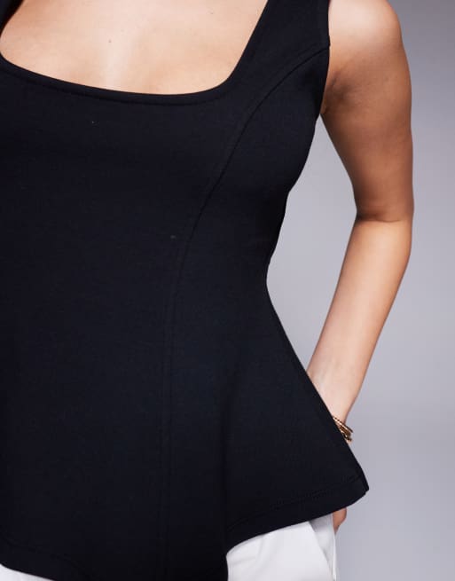ASOS DESIGN - Top premium a corsetto nero in tessuto ponte stretto in vita, 2 di 4