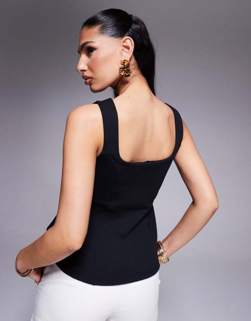 ASOS DESIGN - Top premium a corsetto nero in tessuto ponte stretto in vita, 3 di 4