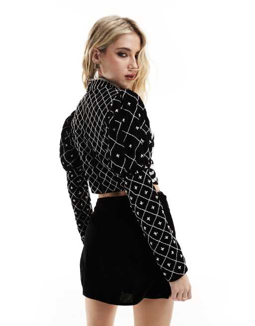 ASOS DESIGN - Top premium in velluto nero con cut-out e perle , 4 di 4