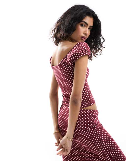 ASOS DESIGN - Top prendisole bordeaux a pois con maniche a sbuffo in coordinato, 3 di 4