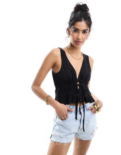 ASOS DESIGN - Top prendisole effetto lino allacciato sul davanti nero