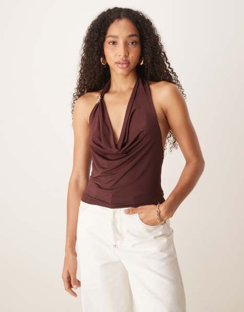 ASOS DESIGN - Top près du corps à col bénitier avec détail métallique doré - Marron - view 1