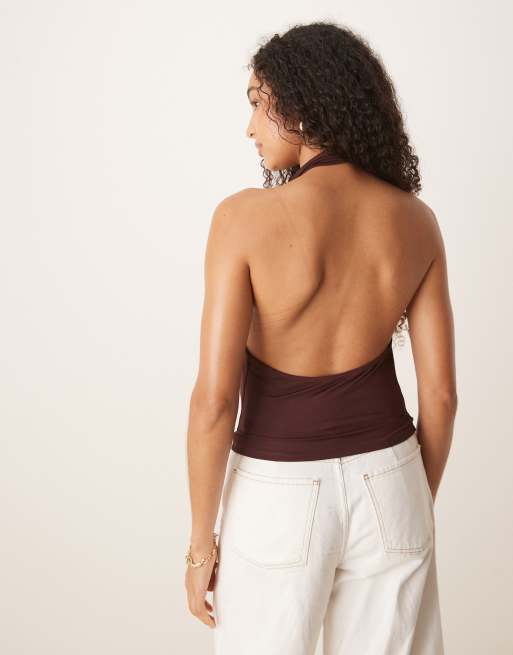 ASOS DESIGN - Top près du corps à col bénitier avec détail métallique doré - Marron, 3 de 4