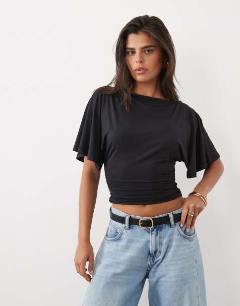 ASOS DESIGN top près du corps à encolure bateau et manches courtes chauve-souris noir - view 1