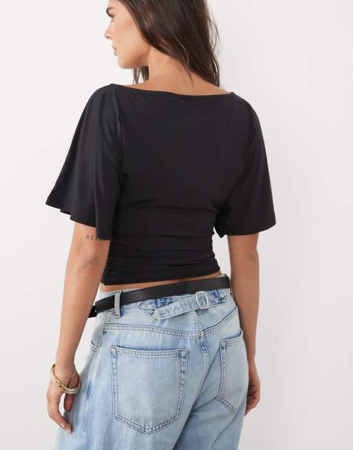 ASOS DESIGN top près du corps à encolure bateau et manches courtes chauve-souris noir, 4 de 4