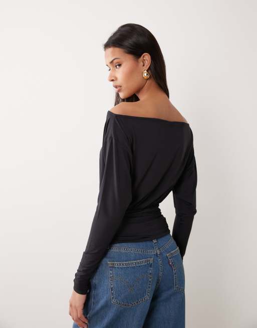 ASOS DESIGN - Top près du corps à épaules dénudées et manches longues avec taille cintrée - Noir, 3 de 4
