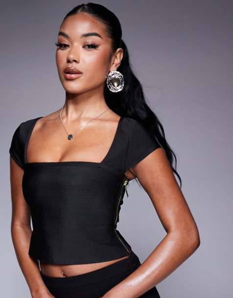 ASOS DESIGN - Top près du corps à mancherons et encolure carrée - Noir - view 1