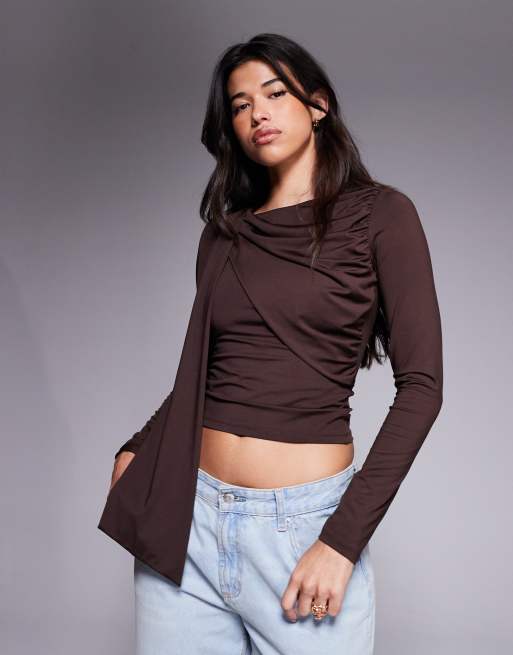 ASOS DESIGN - Top près du corps à manches longues et détail drapé - Marron