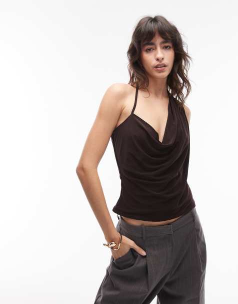 ASOS DESIGN - Top près du corps avec col bénitier asymétrique - Chocolat - view 1