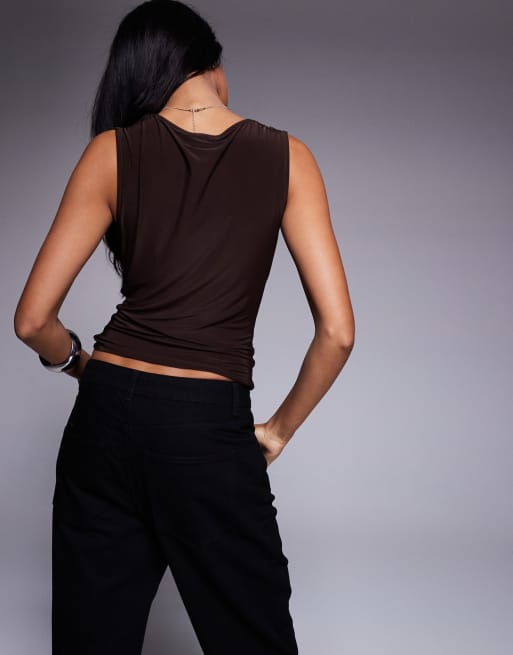 ASOS DESIGN - Top près du corps avec col bénitier effet drapé - Marron, 4 de 4