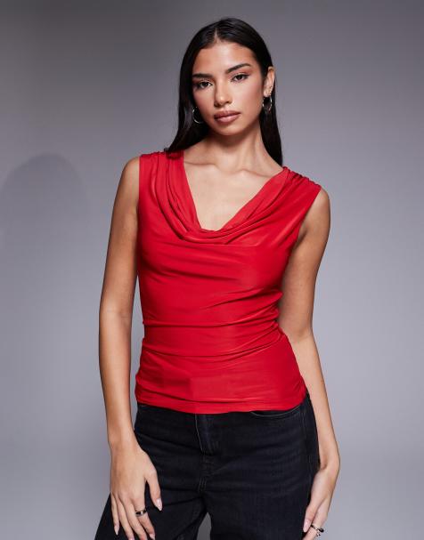 ASOS DESIGN - Top près du corps avec col bénitier effet drapé - Rouge - view 1