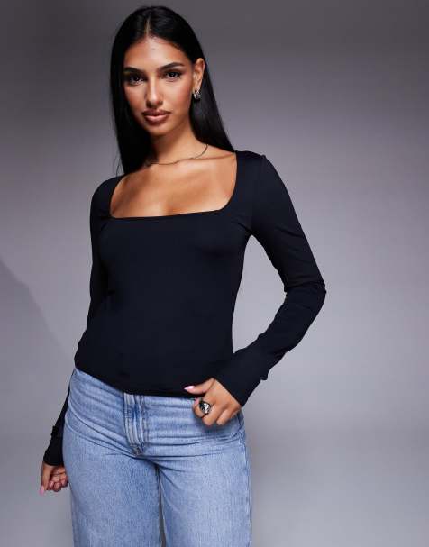 ASOS DESIGN - Top près du corps en polyamide à encolure carrée et liens au dos - Noir - view 1