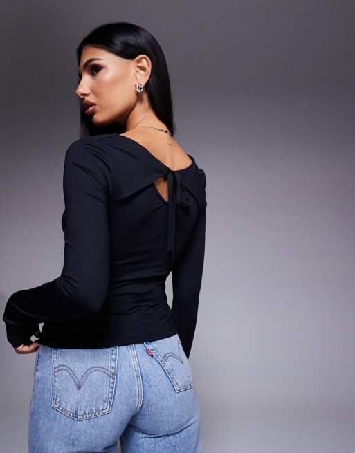 ASOS DESIGN - Top près du corps en polyamide à encolure carrée et liens au dos - Noir, 2 de 4