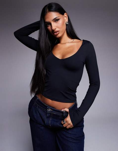 ASOS DESIGN - Top près du corps en polyamide avec col V profond - Noir - view 1