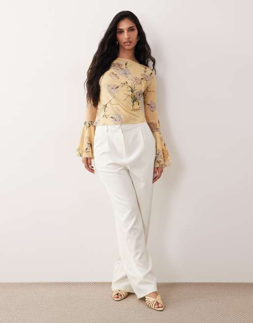 ASOS DESIGN - Top près du corps en tulle à manches longues évasées - Jaune à fleurs, 2 de 4
