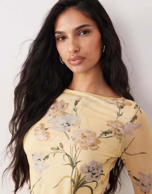 ASOS DESIGN - Top près du corps en tulle à manches longues évasées - Jaune à fleurs, 3 de 4