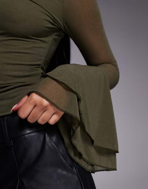 ASOS DESIGN - Top près du corps en tulle à manches longues évasées - Kaki, 3 de 4