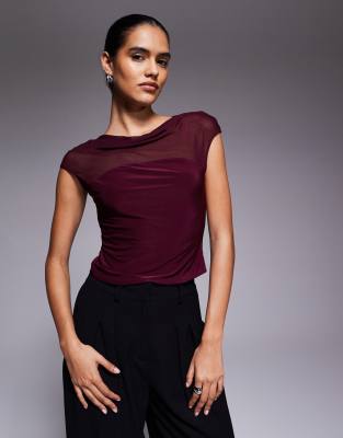 Top près du corps en tulle mélangé à encolure bateau - Framboise-Rouge M