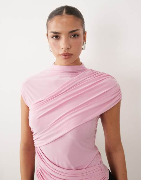 ASOS DESIGN - Top près du corps froncé avec détail drapé - Rose pastel - view 1