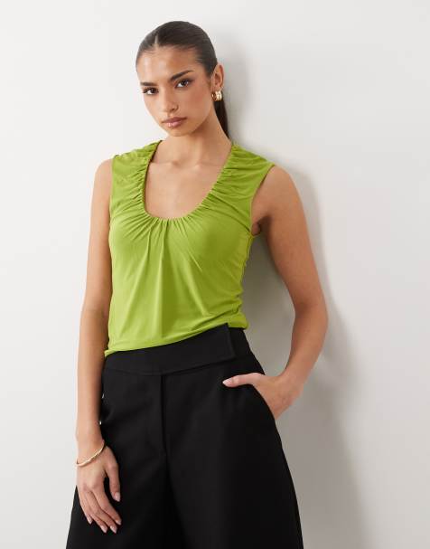 ASOS DESIGN - Top près du corps froncé avec encolure dégagée en U - Citron vert - view 1