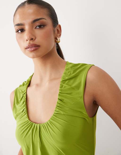ASOS DESIGN - Top près du corps froncé avec encolure dégagée en U - Citron vert, 2 de 4