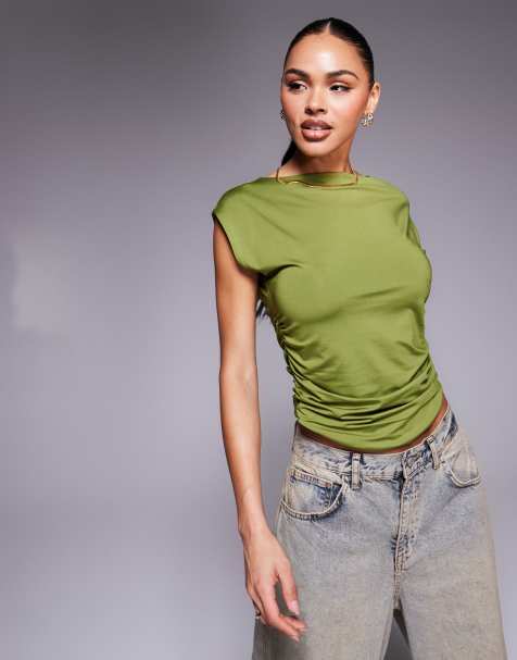 ASOS DESIGN - Top près du corps froncé sur les côtés en tissu double épaisseur - Kaki - view 1