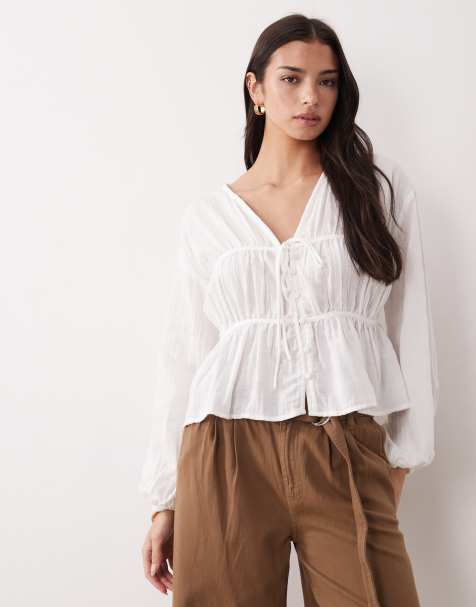 ASOS DESIGN - Top punto smock a maniche lunghe color avorio con bottoni sul davanti - view 1