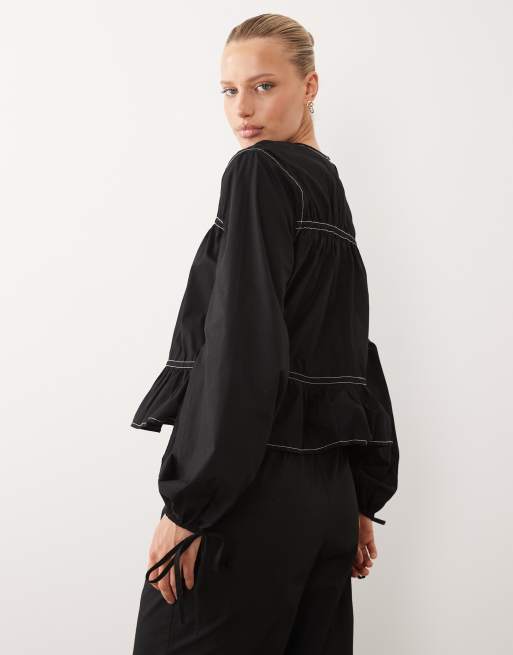 ASOS DESIGN - Top punto smock nero con cuciture a contrasto in coordinato, 4 di 4