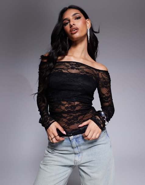 ASOS DESIGN - Top raccolto nero in pizzo a rete con spalle scoperte - view 1