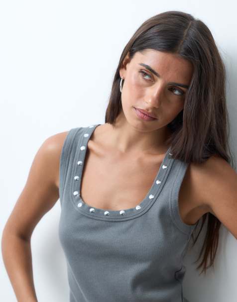 ASOS DESIGN top racer z ozdobnymi ćwiekami w kolorze grafitowym - view 1