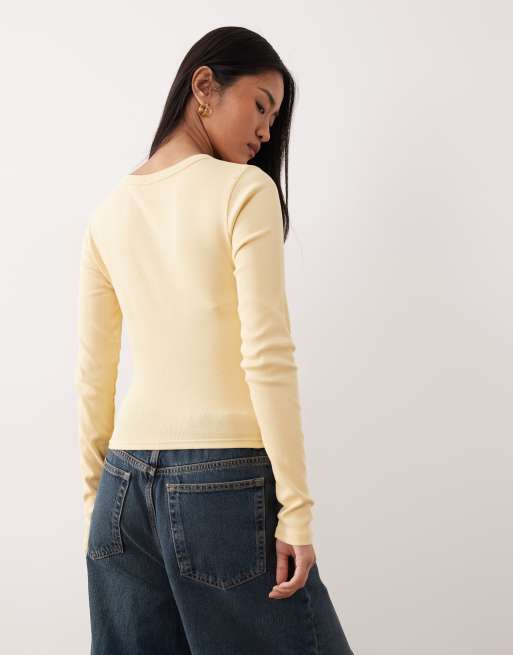 ASOS DESIGN - Top ras de cou à manches longues et nervures - Beurre, 3 de 4