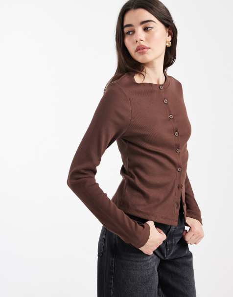 ASOS DESIGN - Top ras de cou boutonné en coton côtelé - Chocolat - view 1