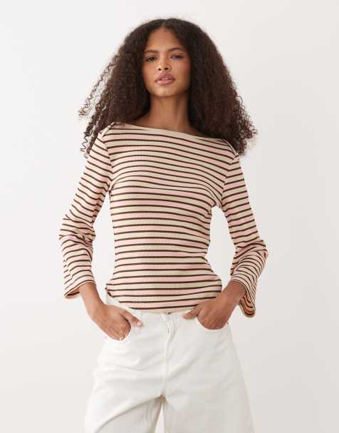 ASOS DESIGN - Top rayé à encolure bateau et manches évasées avec passepoils - Chocolat et rose clair - view 1