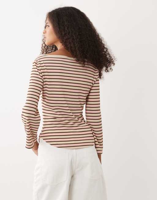ASOS DESIGN - Top rayé à encolure bateau et manches évasées avec passepoils - Chocolat et rose clair, 4 de 4