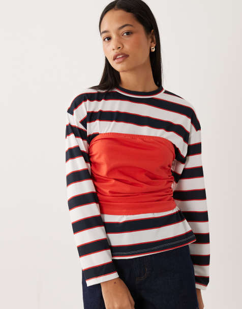 ASOS DESIGN - Top rayé à manches longues avec encolure bandeau contrastante superposée - Bleu - view 1