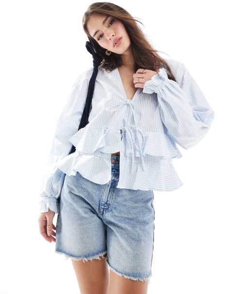 ASOS DESIGN - Top rayé à manches longues avec volants et liens à nouer - Bleu - view 1