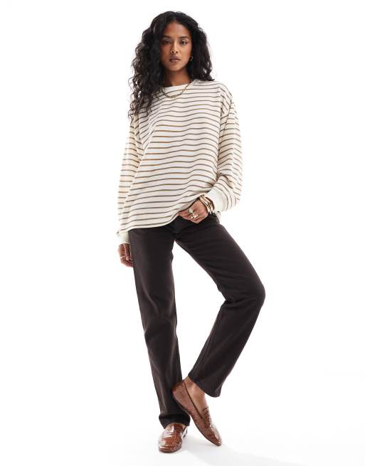 ASOS DESIGN - Top rayé à manches longues et côtes contrastantes - Kaki
